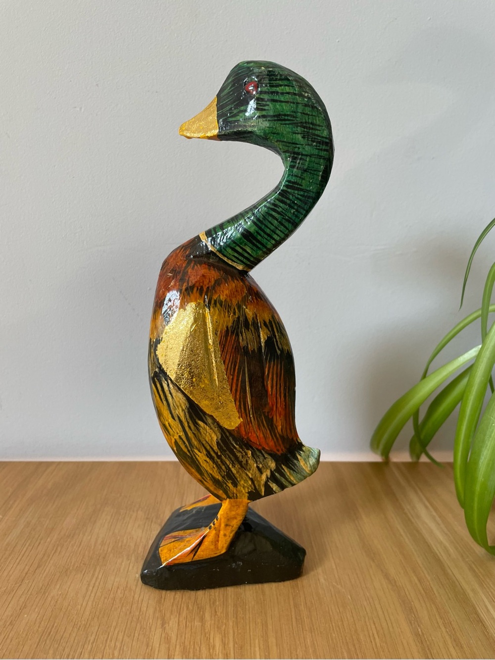 Vintage Hand-Carved Folk Art Wood Mallard Duck Sculpture with Gold Foil 9”